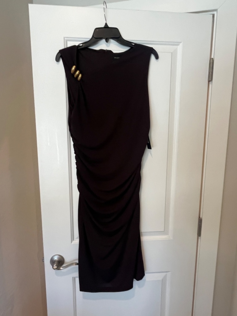 NWT Donna Karan Brown Asymmetrical Neck Ruched Bodycon Midi Dress Sz M Packable - Picture 2 of 11